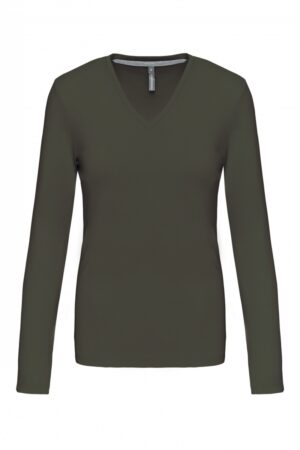 K382 Dames T-shirt V-hals Lange Mouwen Dark Khaki