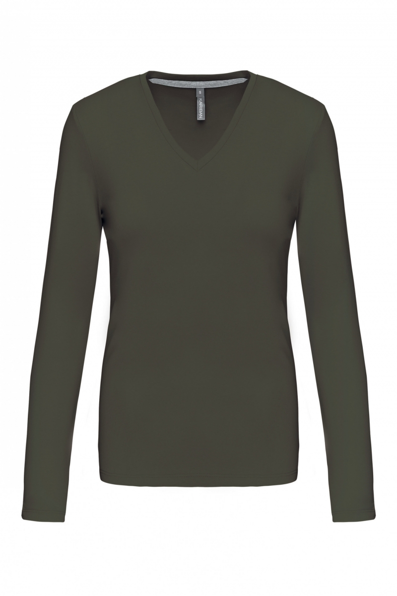 K382 Dames T-shirt V-hals Lange Mouwen Dark Khaki