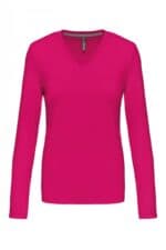 K382 Dames T-shirt V-hals Lange Mouwen Fuchsia