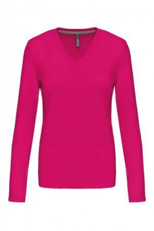 K382 Dames T-shirt V-hals Lange Mouwen Fuchsia