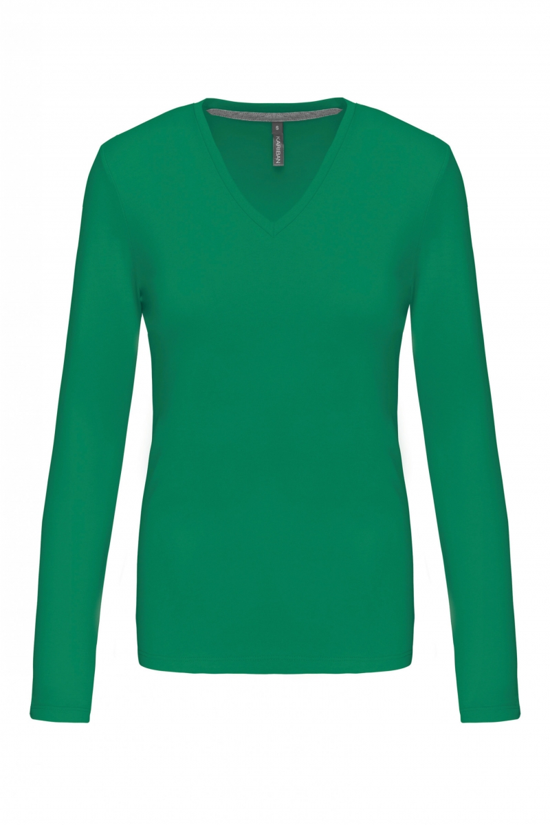 K382 Dames T-shirt V-hals Lange Mouwen Kelly Green