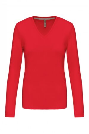 K382 Dames T-shirt V-hals Lange Mouwen Rood