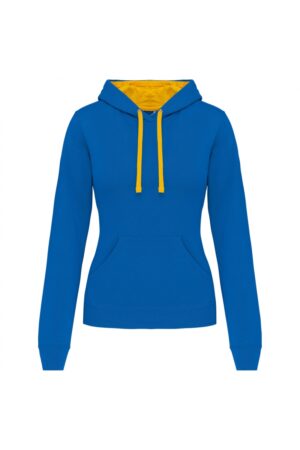 K465 Damessweater met Capuchon in Contrasterende Kleur Light Royal Blue / Yellow