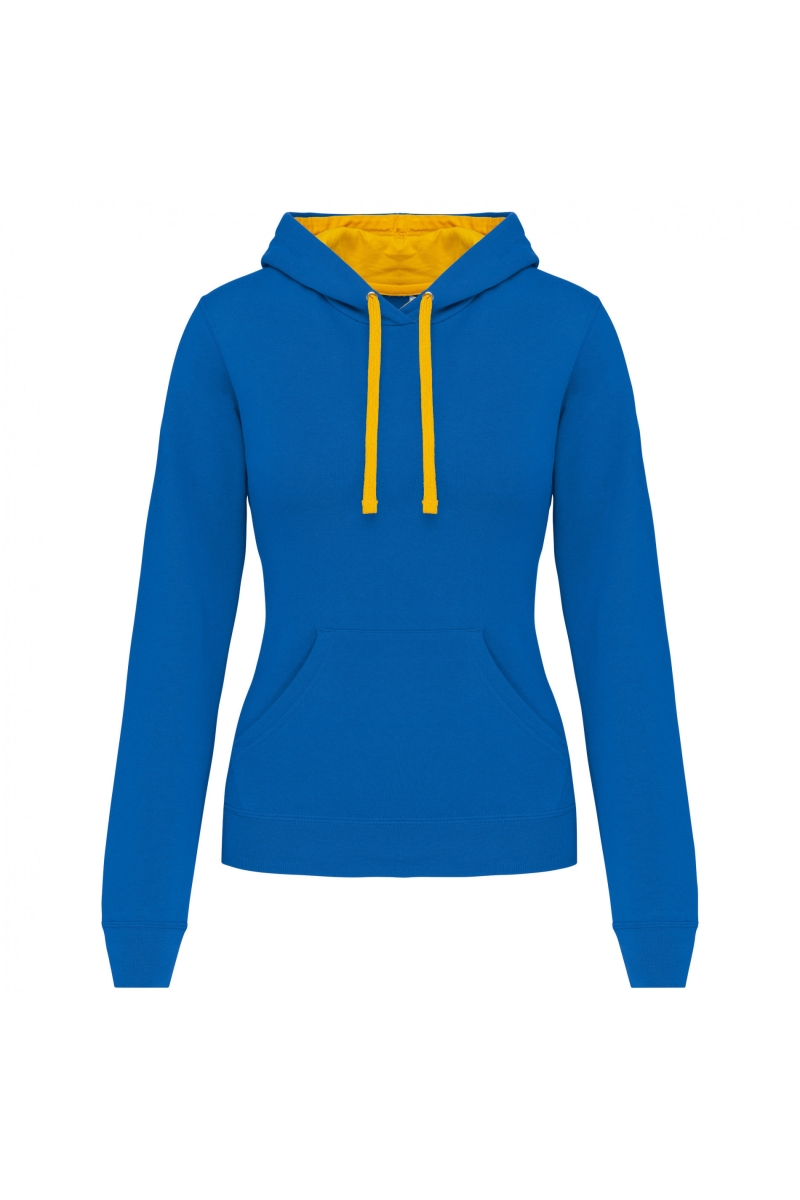 K465 Damessweater met Capuchon in Contrasterende Kleur Light Royal Blue / Yellow