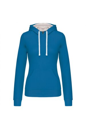K465 Damessweater met Capuchon in Contrasterende Kleur Tropical Blue / White