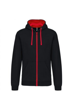 K466 Herensweater met Rits en Capuchon in Contrasterende Kleur Black / Red