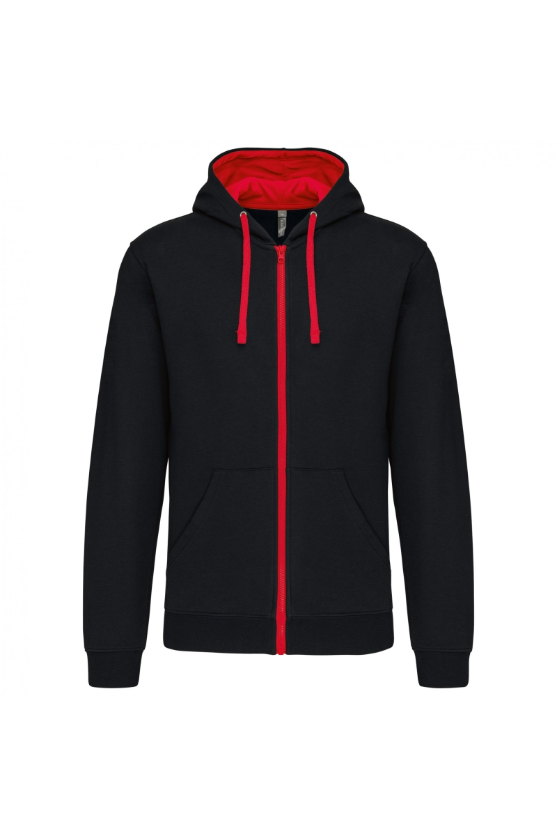 K466 Herensweater met Rits en Capuchon in Contrasterende Kleur Black / Red