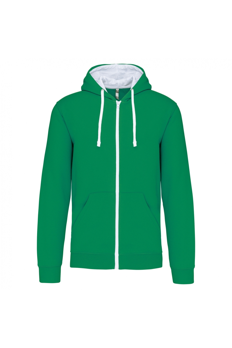 K466 Herensweater met Rits en Capuchon in Contrasterende Kleur Light Kelly Green / White