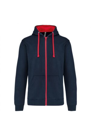 K466 Herensweater met Rits en Capuchon in Contrasterende Kleur Navy / Red