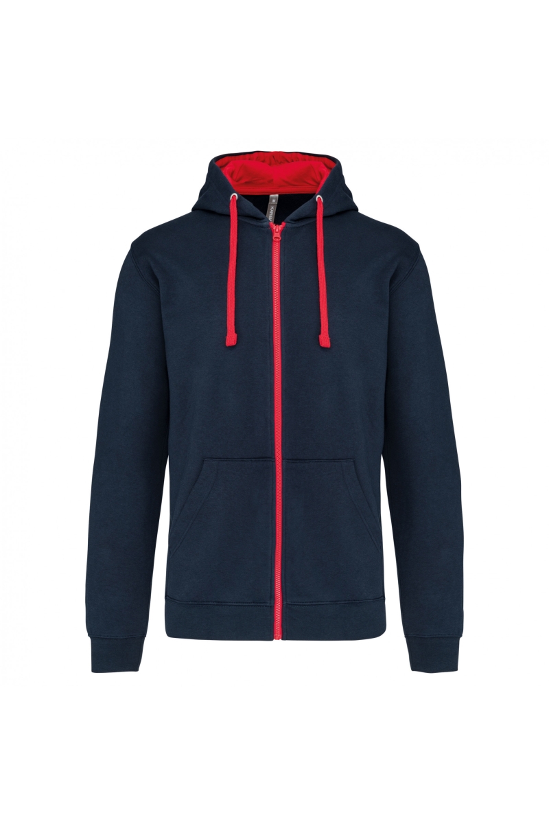 K466 Herensweater met Rits en Capuchon in Contrasterende Kleur Navy / Red