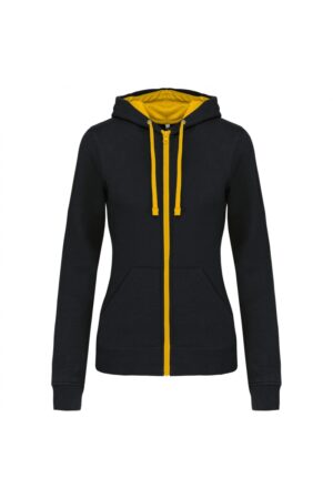 K467 Damessweater met Rits en Capuchon in Contrasterende Kleur Black / Yellow