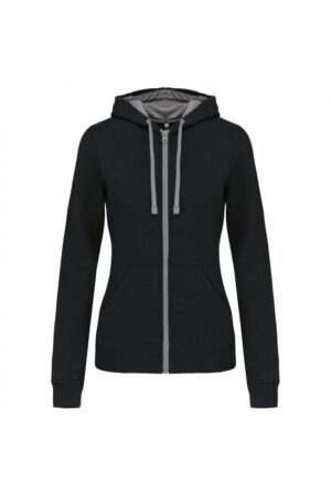 K467 Damessweater met Rits en Capuchon in Contrasterende Kleur Black / Fine Grey