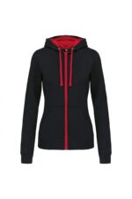 K467 Damessweater met Rits en Capuchon in Contrasterende Kleur Black / Red