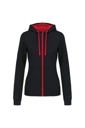 K467 Damessweater met Rits en Capuchon in Contrasterende Kleur Black / Red