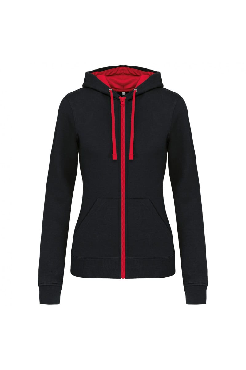 K467 Damessweater met Rits en Capuchon in Contrasterende Kleur Black / Red