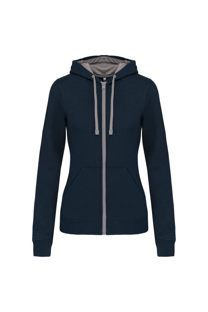 K467 Damessweater met Rits en Capuchon in Contrasterende Kleur Navy / Fine Grey