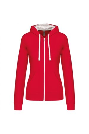 K467 Damessweater met Rits en Capuchon in Contrasterende Kleur Red / White